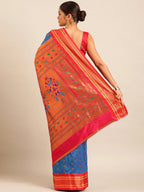 Muniya paithani saree silk blend in firozi and red with floral meena butti - back view showing pallu and border for wedding wear