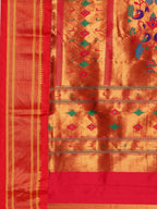 Muniya paithani saree silk blend in firozi and red with floral meena butti - pallu detail showing woven motif design for wedding wear