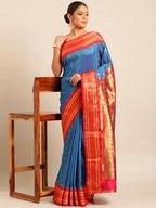 Muniya paithani saree silk blend in firozi and red with floral meena butti - styling view for wedding wear