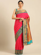 Muniya paithani saree silk blend in hot, pink and rama with floral meena butti - front view for wedding wear