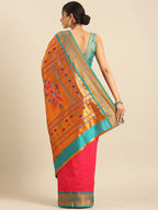 Muniya paithani saree silk blend in hot, pink and rama with floral meena butti - back view showing pallu and border for wedding wear