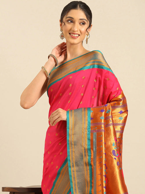 Muniya paithani saree soft silk in hot pink and rama with floral meena butti - closeup view showing fabric and zari work for wedding wear