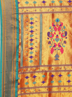 Muniya paithani saree silk blend in hot, pink and rama with floral meena butti - pallu detail showing woven motif design for wedding wear