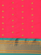 Muniya paithani saree silk blend in hot, pink and rama with floral meena butti - body fabric detail showing motif design for wedding wear