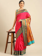 Muniya paithani saree silk blend in hot, pink and rama with floral meena butti - styling view for wedding wear