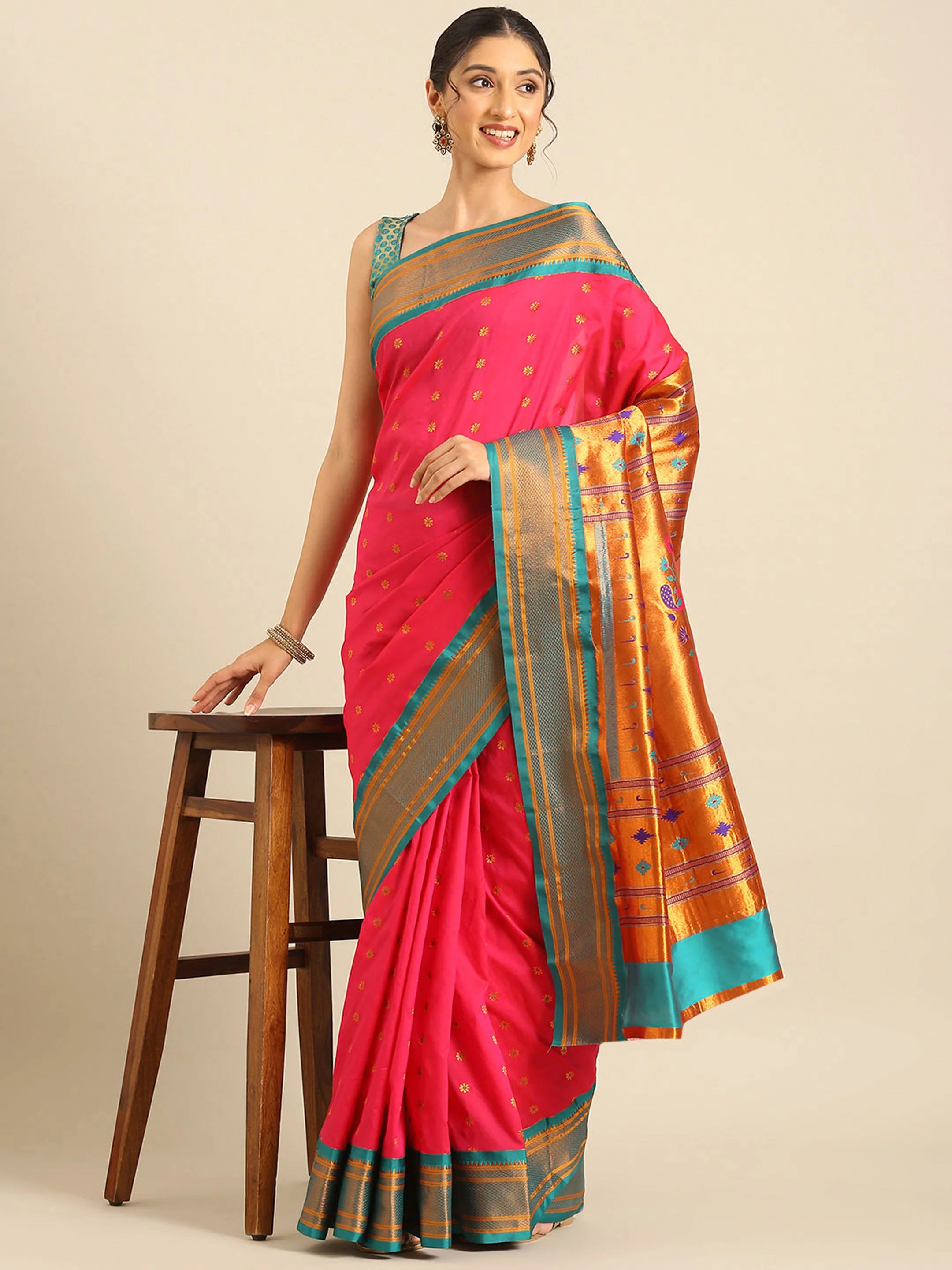 Muniya Paithani Saree Silk Blend | Floral Meena Butti | Wedding Wear