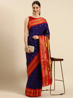 Muniya paithani saree silk blend in indigo blue and red with floral meena butti - front view for wedding wear