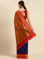 Muniya paithani saree silk blend in indigo blue and red with floral meena butti - back view showing pallu and border for wedding wear