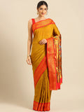 Muniya paithani saree silk blend in khaki and red with floral meena butti - front view for wedding wear