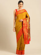 Muniya paithani saree silk blend in khaki and red with floral meena butti - front view for wedding wear