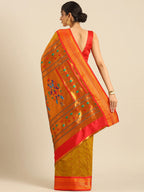 Muniya paithani saree silk blend in khaki and red with floral meena butti - back view showing pallu and border for wedding wear
