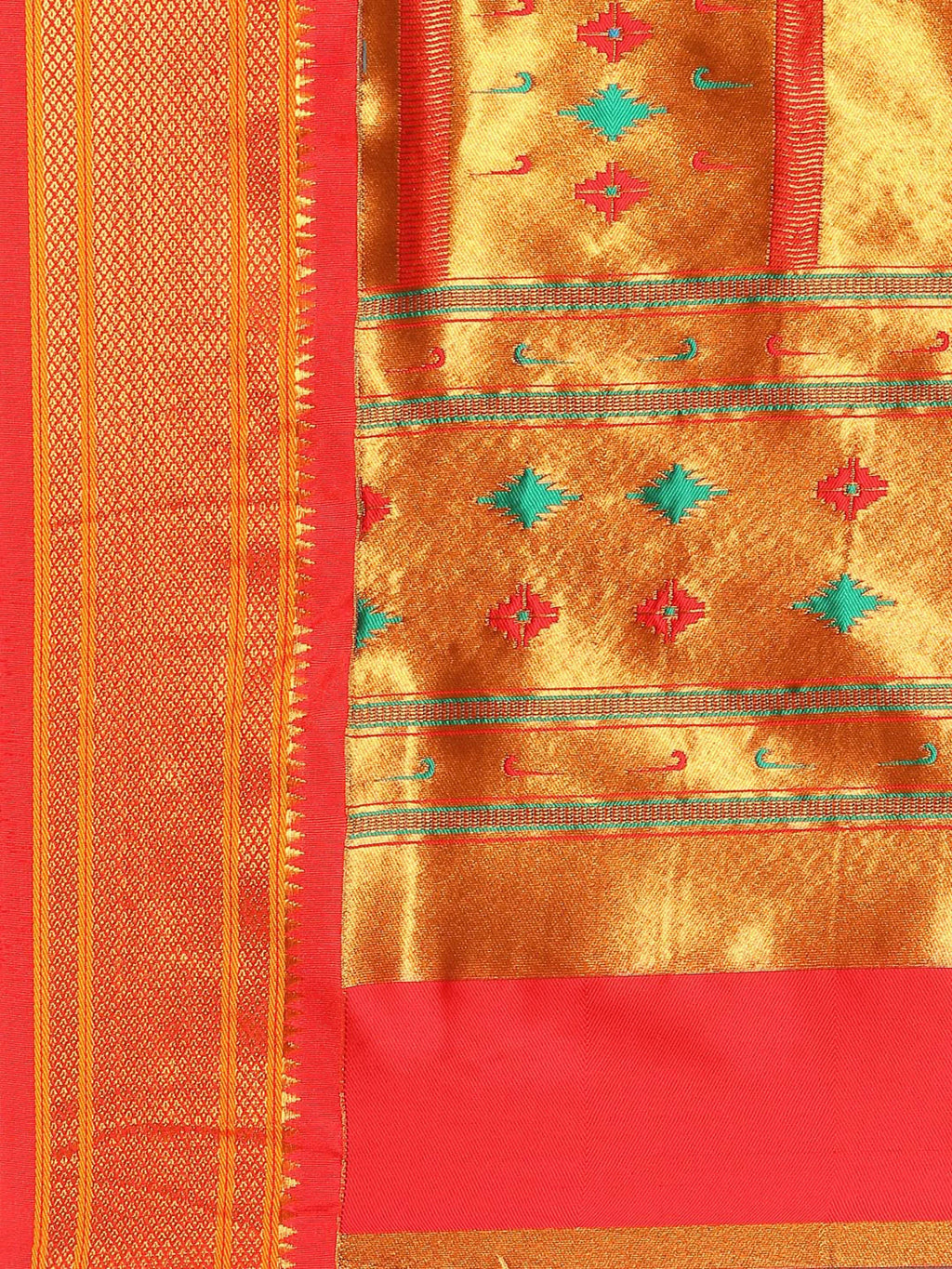 Muniya paithani saree silk blend in khaki and red with floral meena butti - pallu detail showing woven motif design for wedding wear