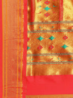 Muniya paithani saree silk blend in khaki and red with floral meena butti - pallu detail showing woven motif design for wedding wear