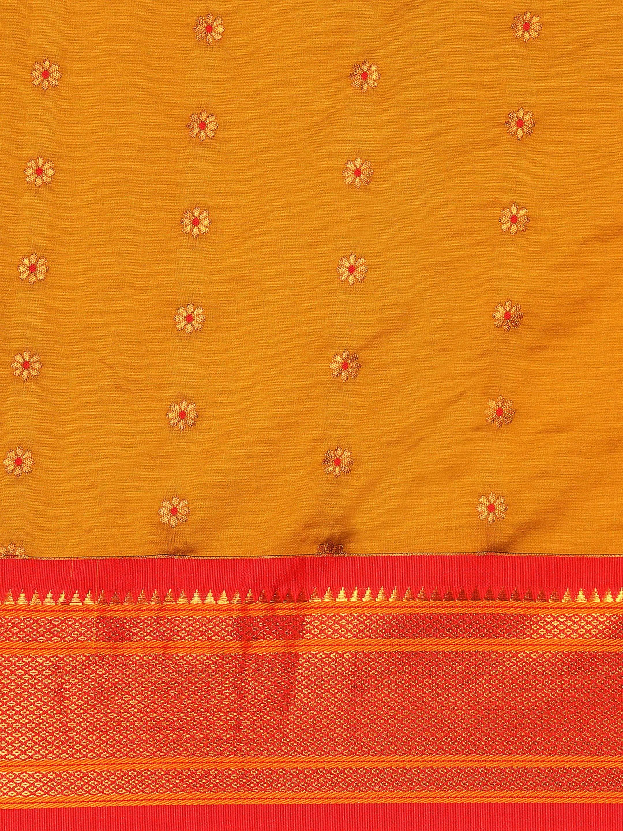 Muniya paithani saree silk blend in khaki and red with floral meena butti - body fabric detail showing motif design for wedding wear