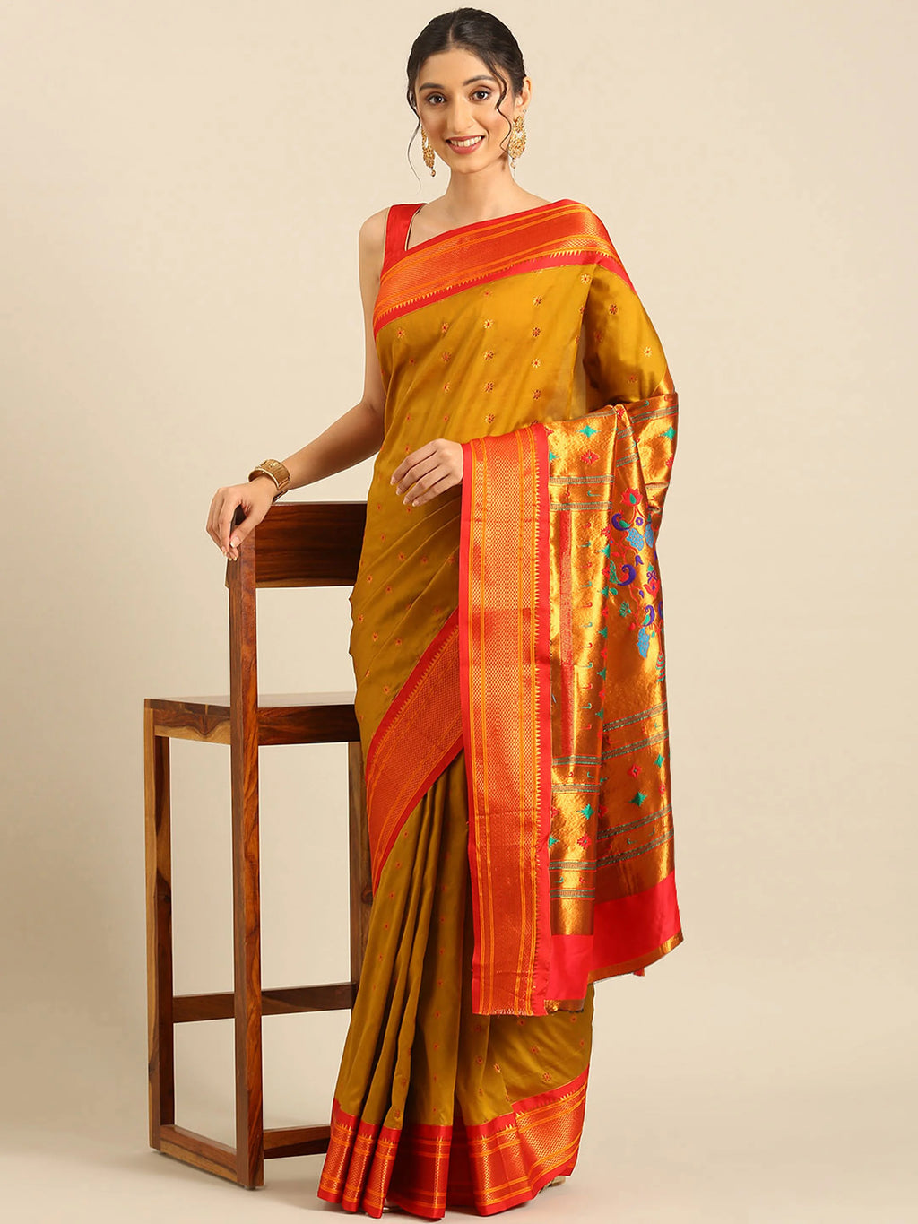 Muniya paithani saree silk blend in khaki and red with floral meena butti - styling view for wedding wear