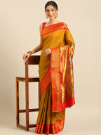 Muniya paithani saree silk blend in khaki and red with floral meena butti - styling view for wedding wear