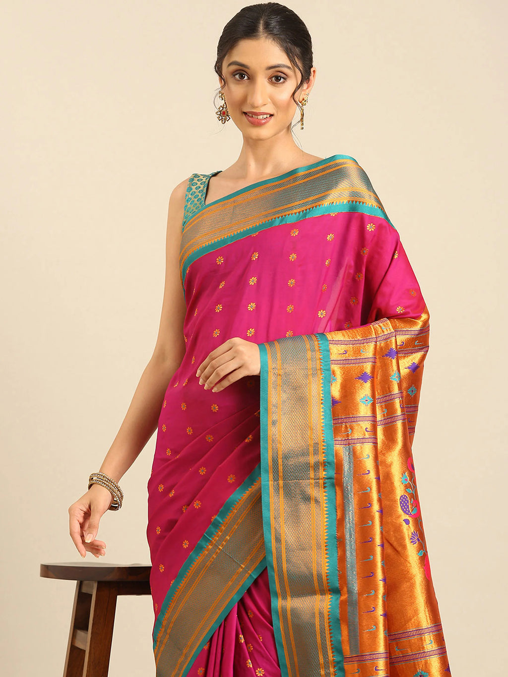 Muniya Paithani Saree Silk Blend | Floral Meena Butti | Wedding Wear