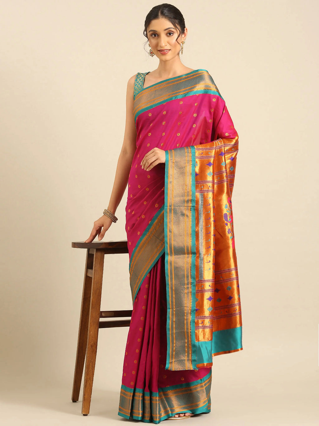 Muniya Paithani Saree Silk Blend | Floral Meena Butti | Wedding Wear