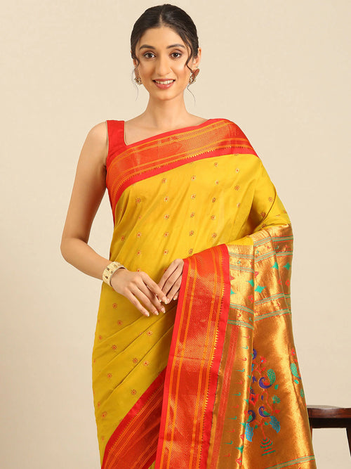 Muniya paithani saree soft silk in mustard yellow and red with floral meena butti - closeup view showing fabric and zari work for wedding wear