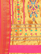 Muniya paithani saree silk blend in mustard yellow and pink with floral meena butti - pallu detail showing woven motif design for wedding wear