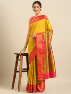 Muniya paithani saree silk blend in mustard yellow and pink with floral meena butti - styling view for wedding wear