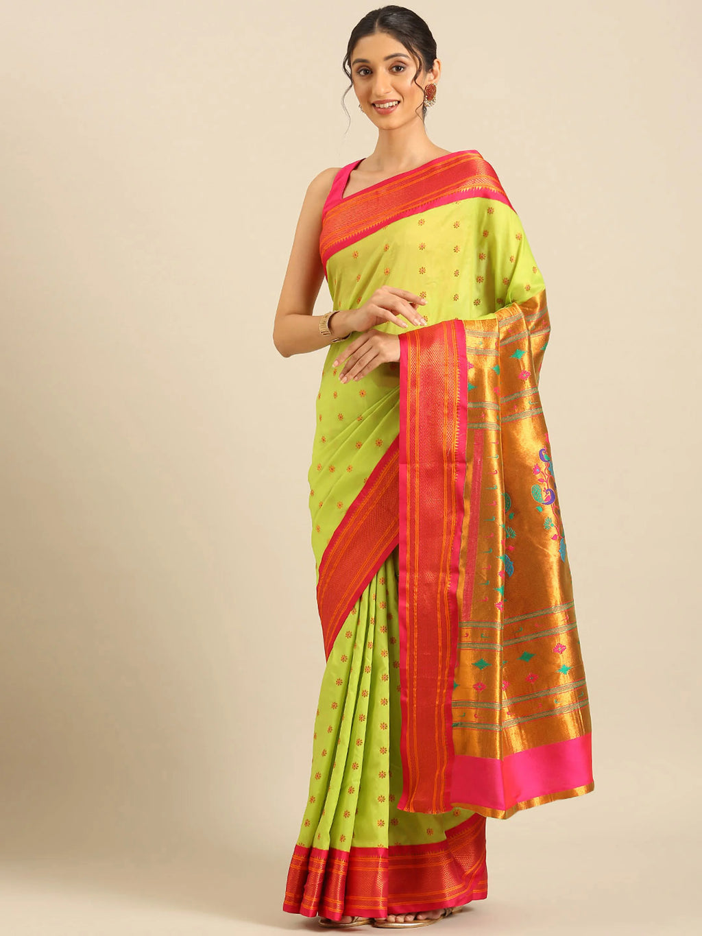 Muniya paithani saree silk blend in popati and pink with floral meena butti - front view for wedding wear
