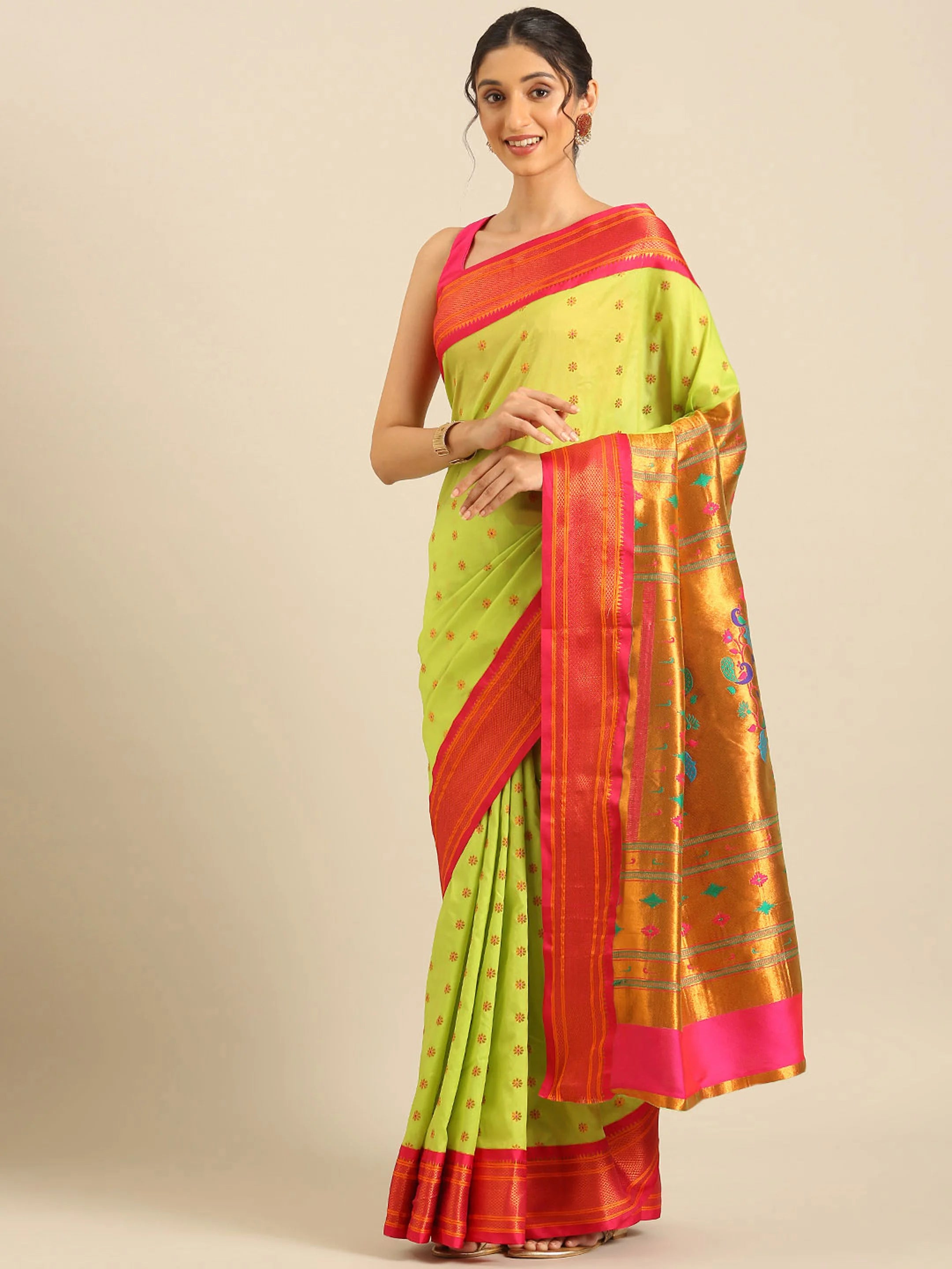 Muniya paithani saree silk blend in popati and pink with floral meena butti - front view for wedding wear