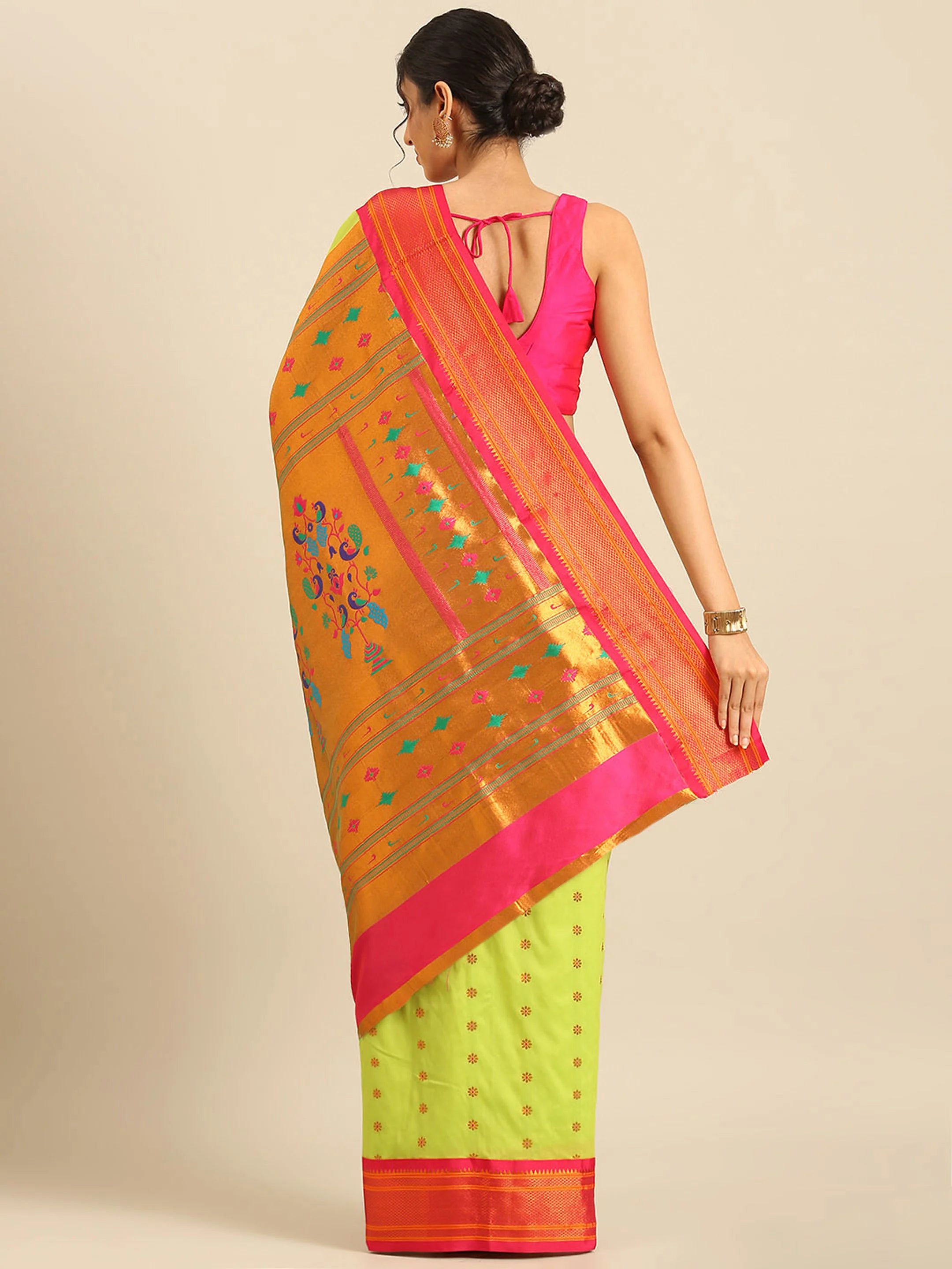 Muniya paithani saree silk blend in popati and pink with floral meena butti - back view showing pallu and border for wedding wear