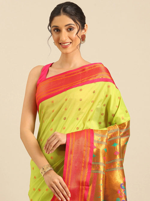 Muniya paithani saree soft silk in popati and pink with floral meena butti - closeup view showing fabric and zari work for wedding wear