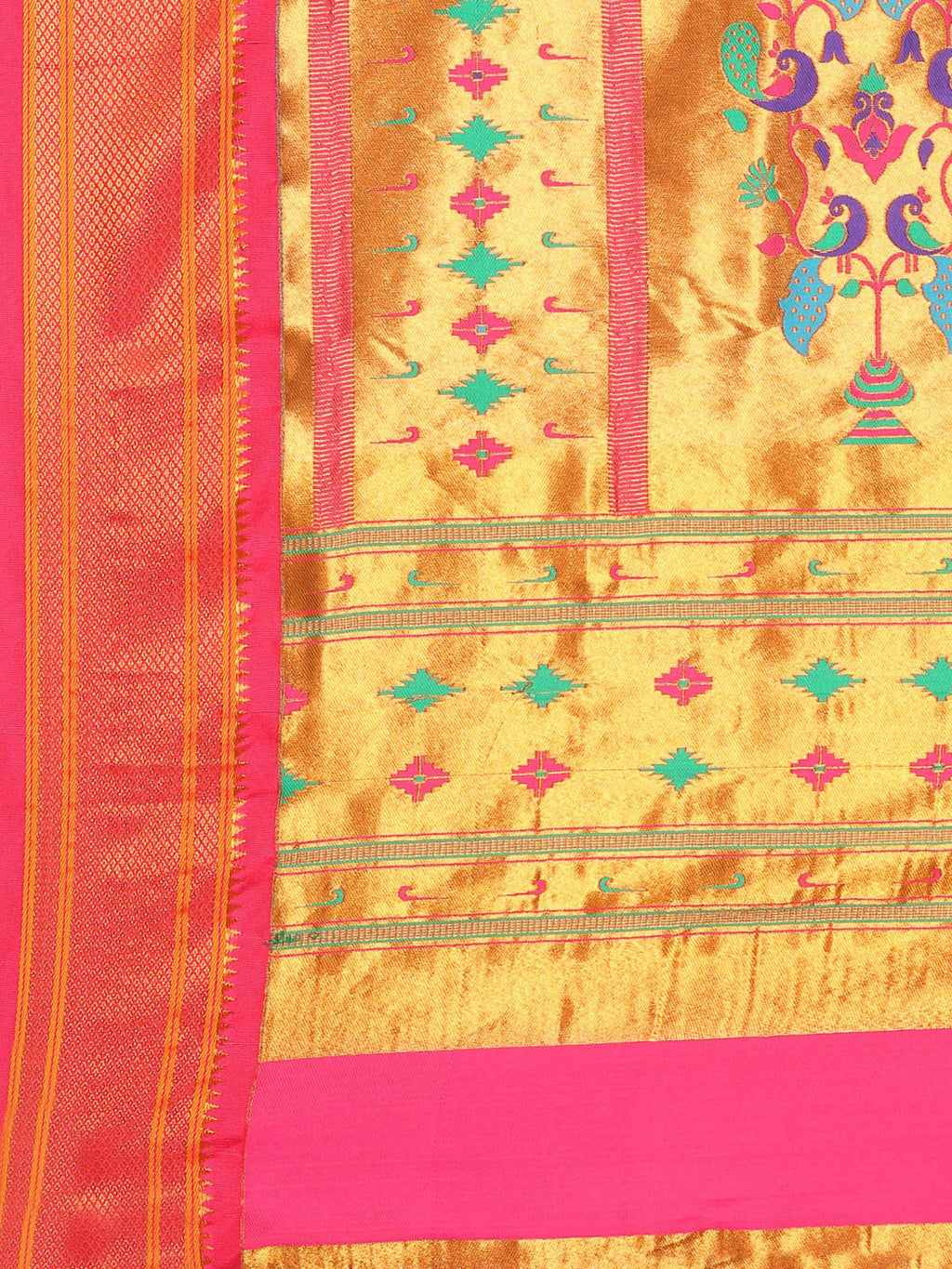 Muniya paithani saree silk blend in popati and pink with floral meena butti - pallu detail showing woven motif design for wedding wear