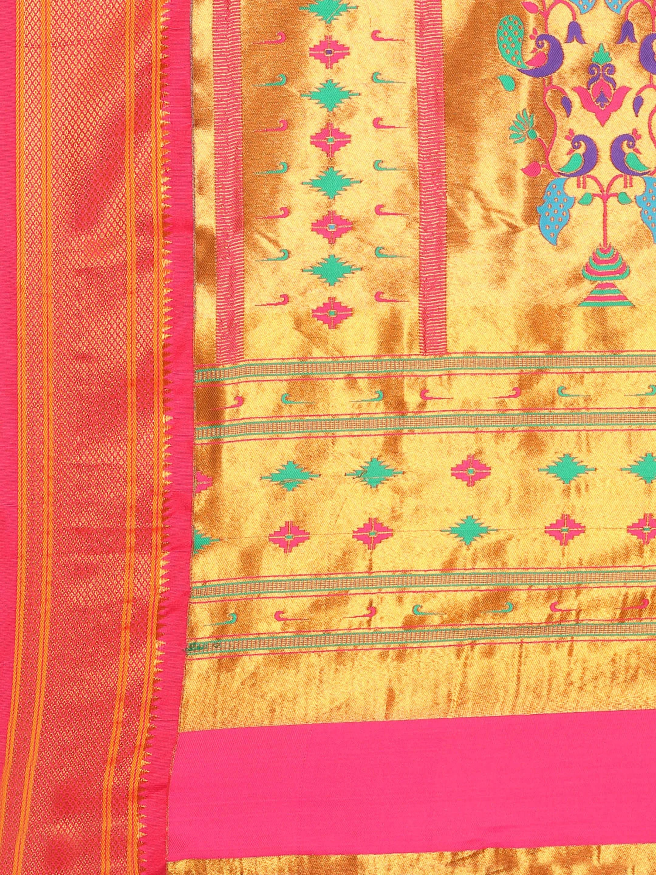 Muniya paithani saree silk blend in popati and pink with floral meena butti - pallu detail showing woven motif design for wedding wear