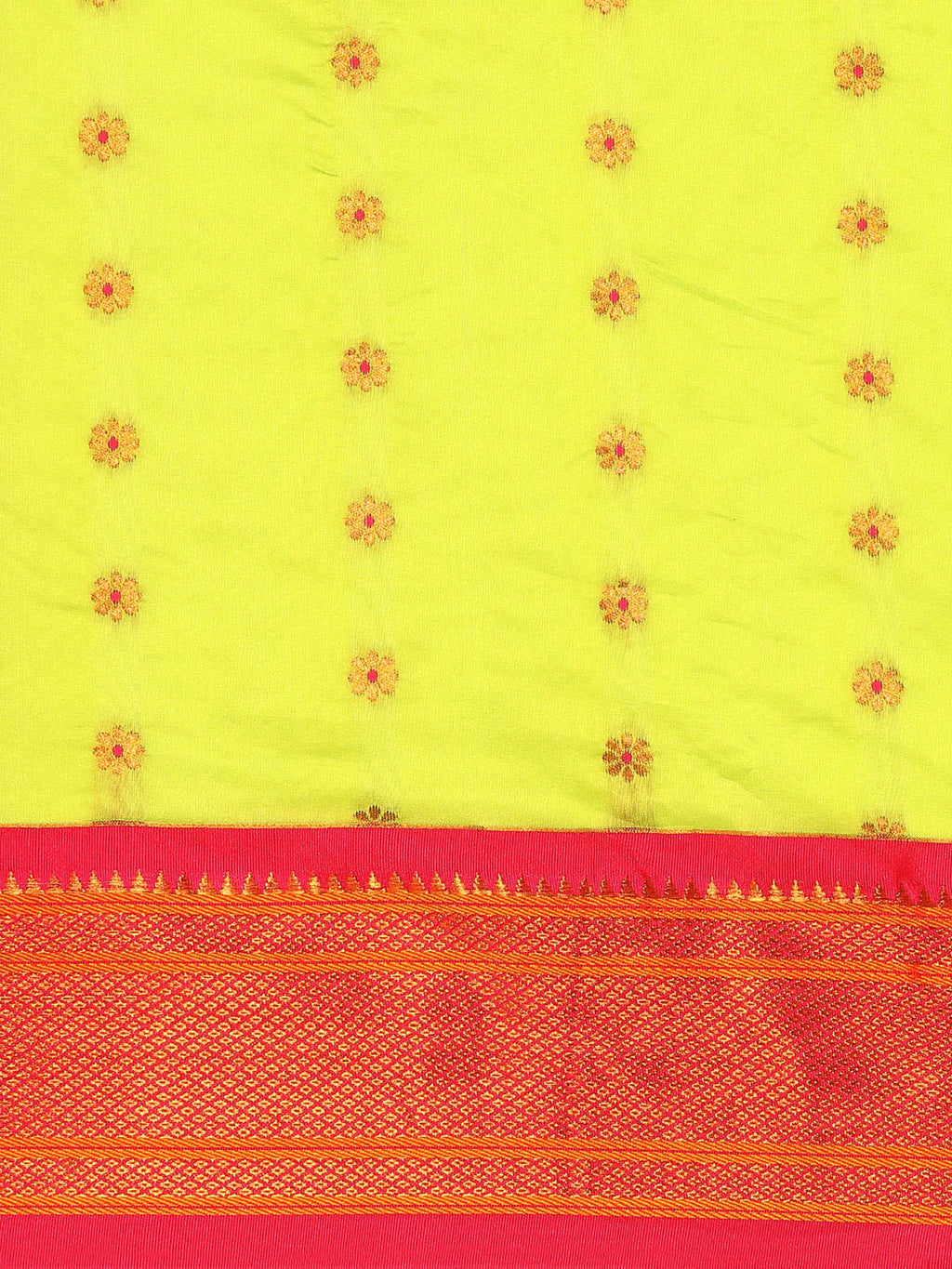 Muniya paithani saree silk blend in popati and pink with floral meena butti - body fabric detail showing motif design for wedding wear