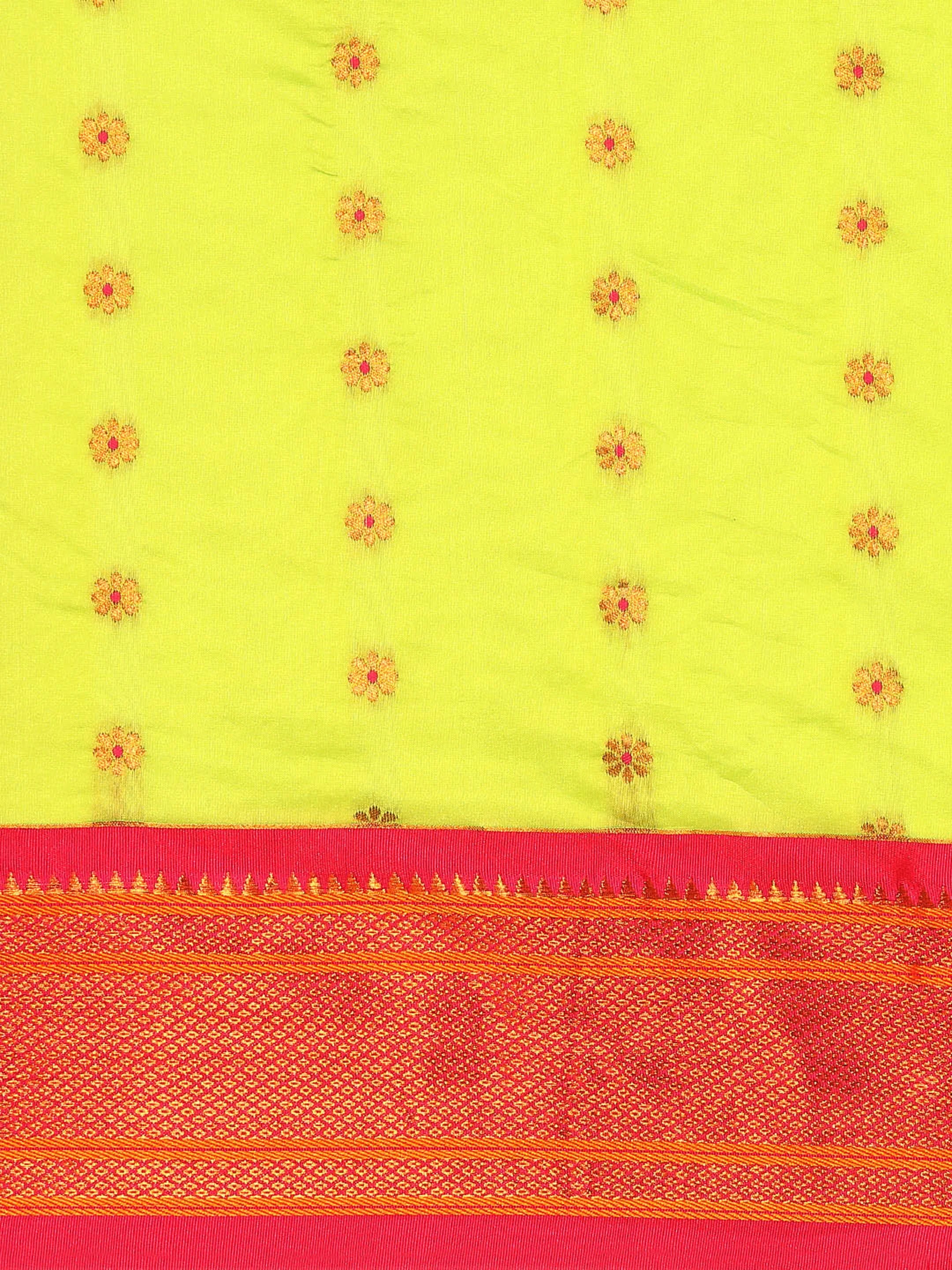 Muniya paithani saree silk blend in popati and pink with floral meena butti - body fabric detail showing motif design for wedding wear