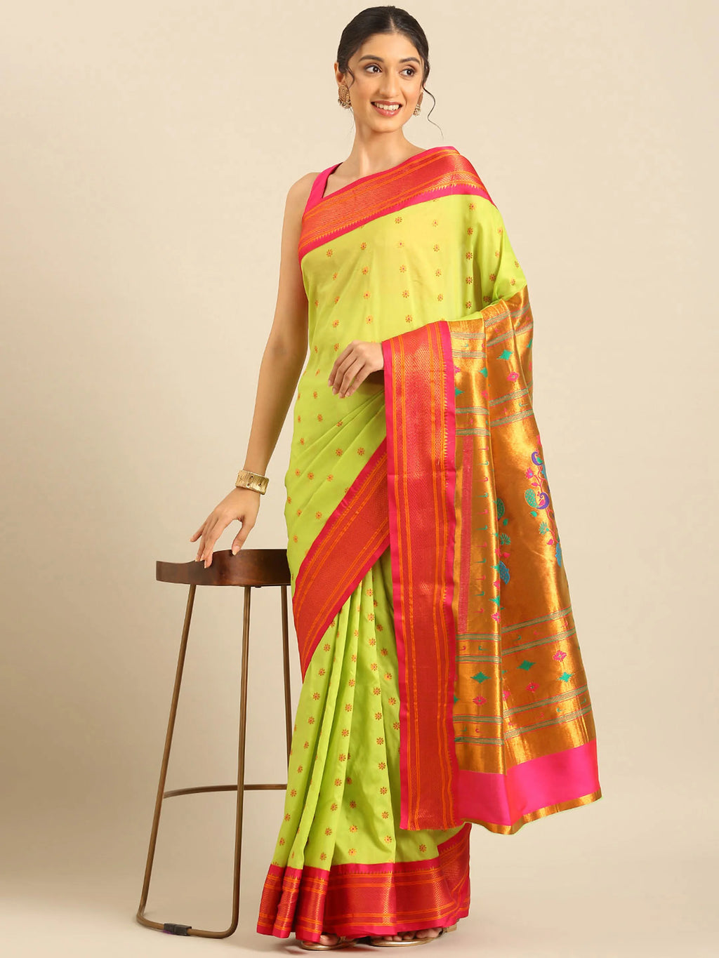 Muniya paithani saree silk blend in popati and pink with floral meena butti - styling view for wedding wear