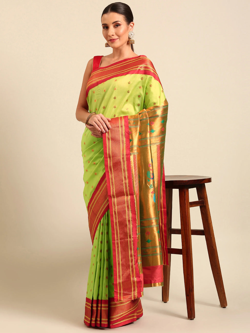 Muniya paithani saree silk blend in popati and red with floral meena butti - front view for wedding wear