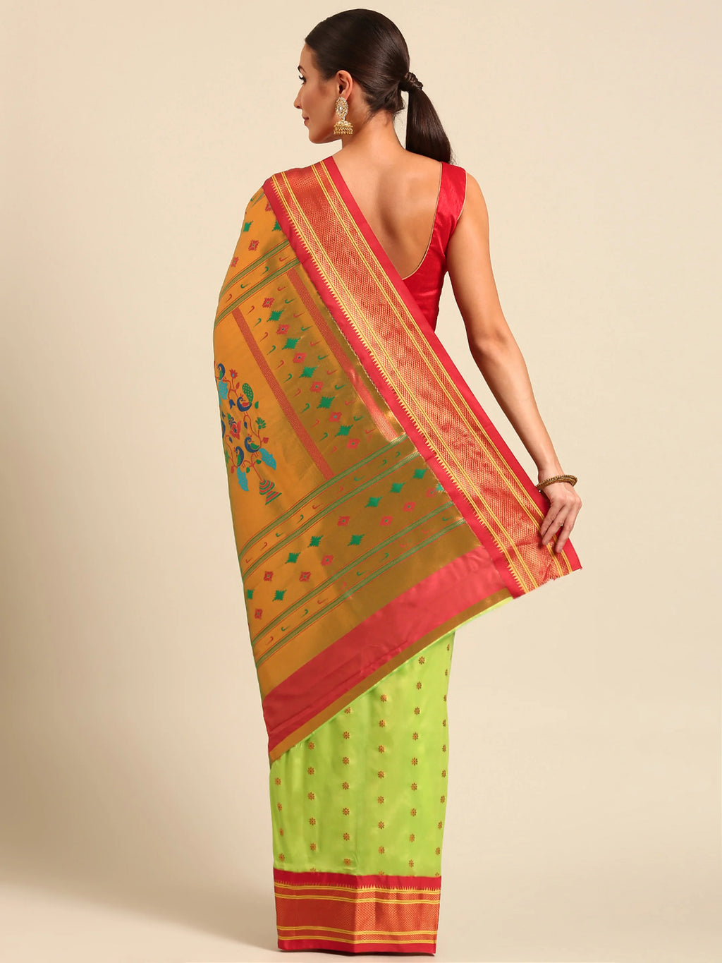 Muniya paithani saree silk blend in popati and red with floral meena butti - back view showing pallu and border for wedding wear