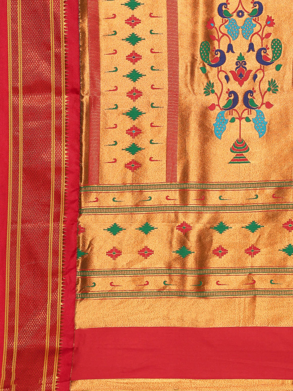 Muniya paithani saree silk blend in popati and red with floral meena butti - pallu detail showing woven motif design for wedding wear