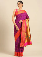 Muniya paithani saree silk blend in purple and pink with floral meena butti - front view for wedding wear