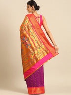 Muniya paithani saree silk blend in purple and pink with floral meena butti - back view showing pallu and border for wedding wear