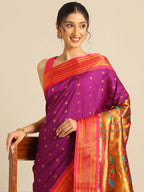 Muniya paithani saree silk blend in purple and pink with floral meena butti - closeup view showing fabric and zari work for wedding wear