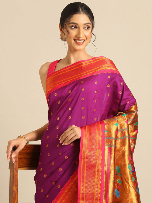 Muniya paithani saree soft silk in purple and pink with floral meena butti - closeup view showing fabric and zari work for wedding wear