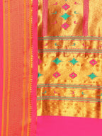 Muniya paithani saree silk blend in purple and pink with floral meena butti - pallu detail showing woven motif design for wedding wear