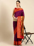 Muniya paithani saree silk blend in purple and red with floral meena butti - front view for wedding wear
