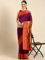 Muniya paithani saree silk blend in purple and red with floral meena butti - front view for wedding wear