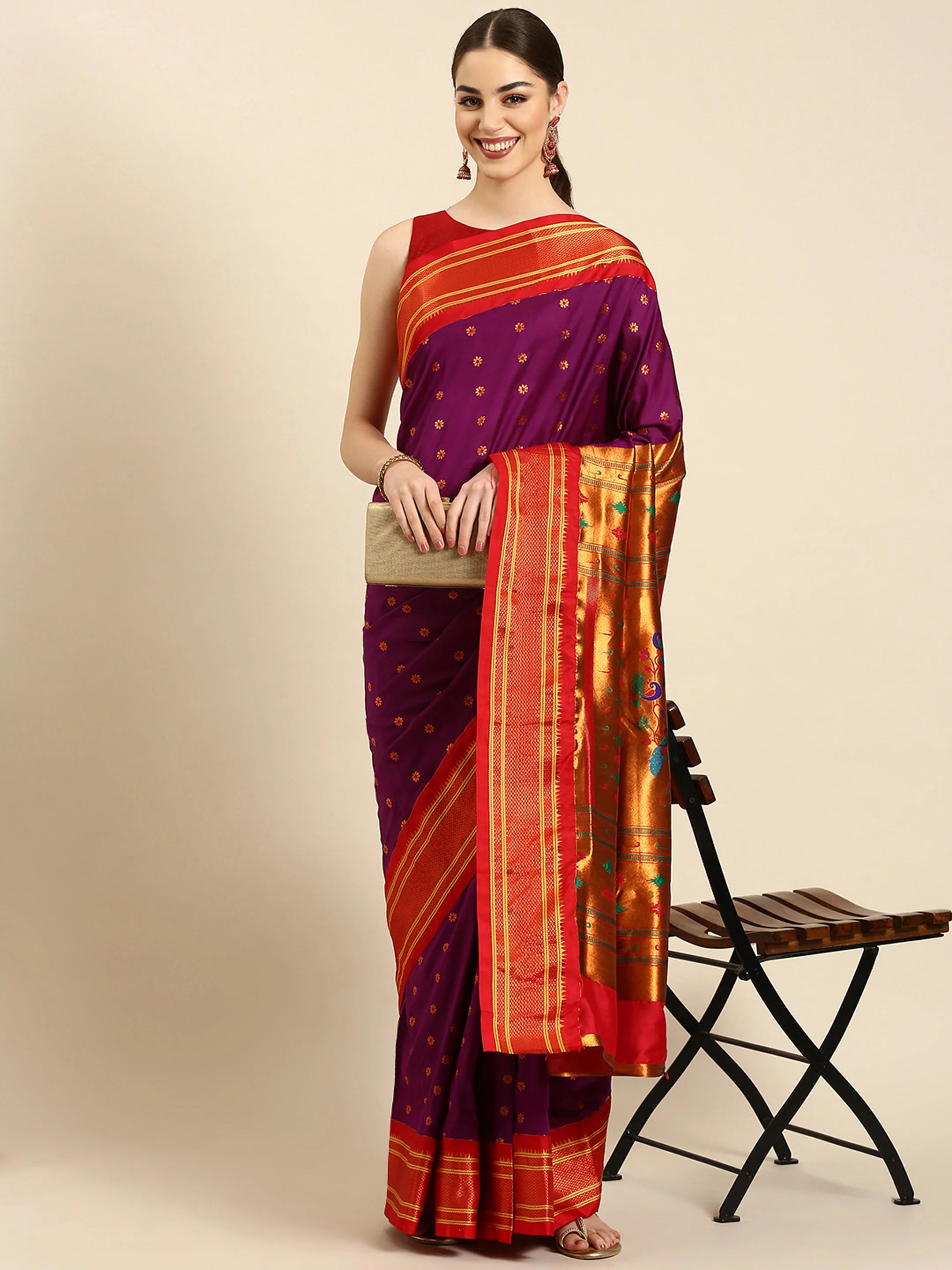 Muniya paithani saree silk blend in purple and red with floral meena butti - front view for wedding wear