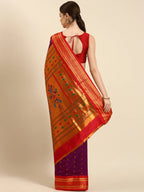 Muniya paithani saree silk blend in purple and red with floral meena butti - back view showing pallu and border for wedding wear