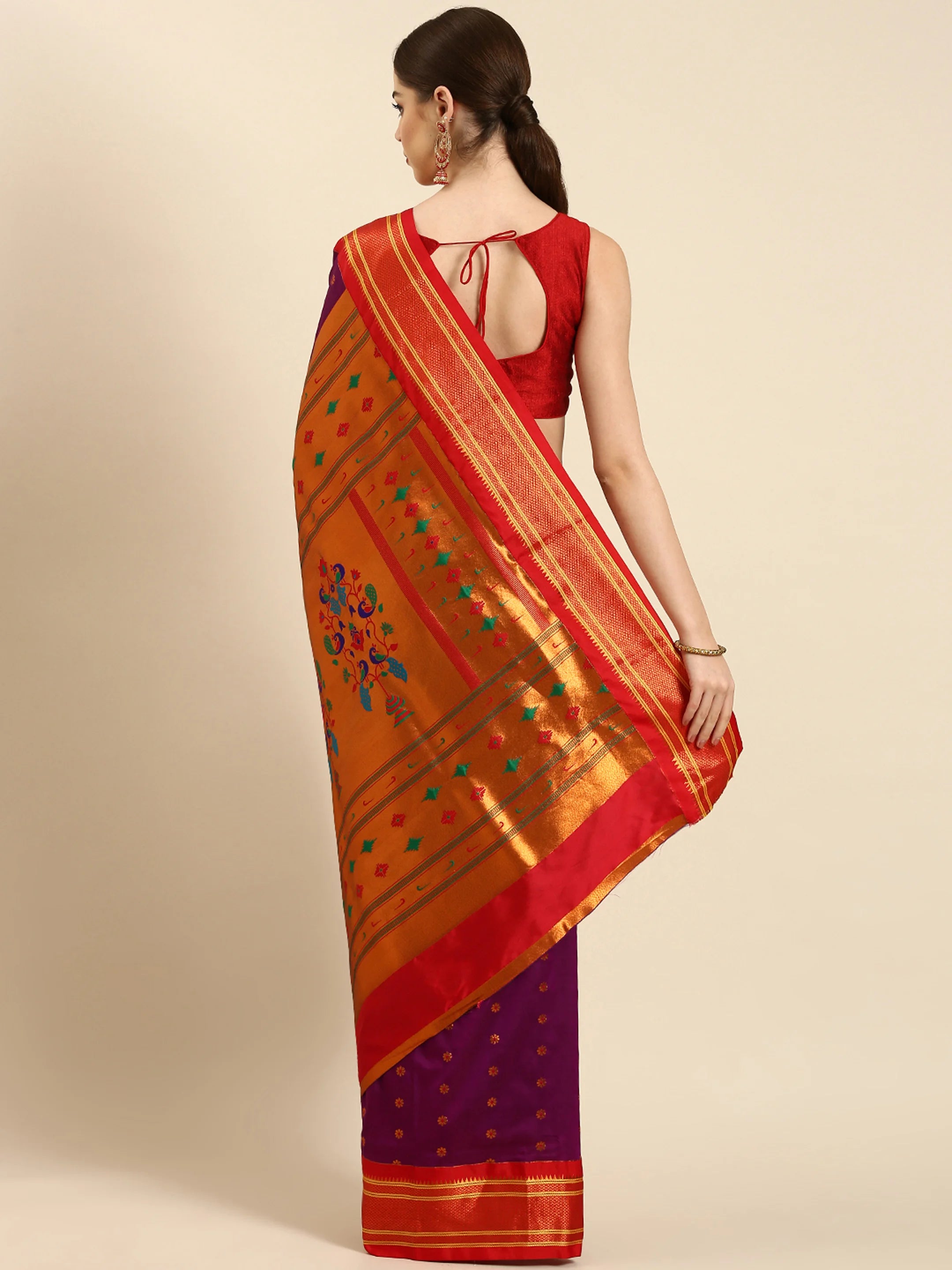 Muniya paithani saree silk blend in purple and red with floral meena butti - back view showing pallu and border for wedding wear