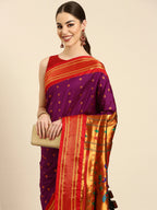 Muniya paithani saree silk blend in purple and red with floral meena butti - closeup view showing fabric and zari work for wedding wear