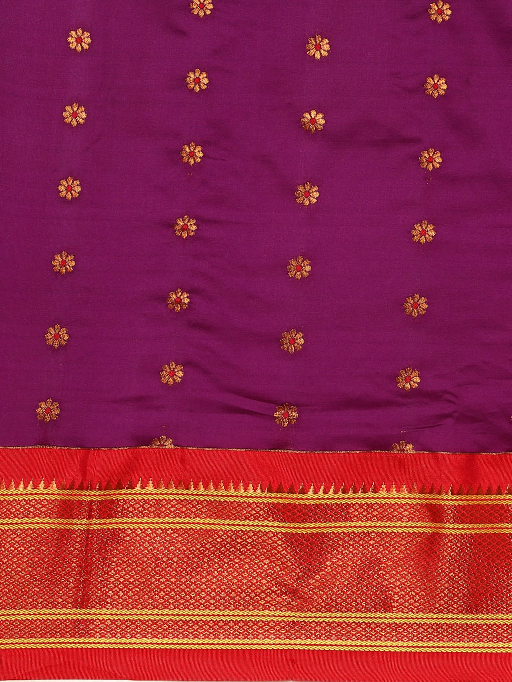 Muniya paithani saree silk blend in purple and red with floral meena butti - body fabric detail showing motif design for wedding wear