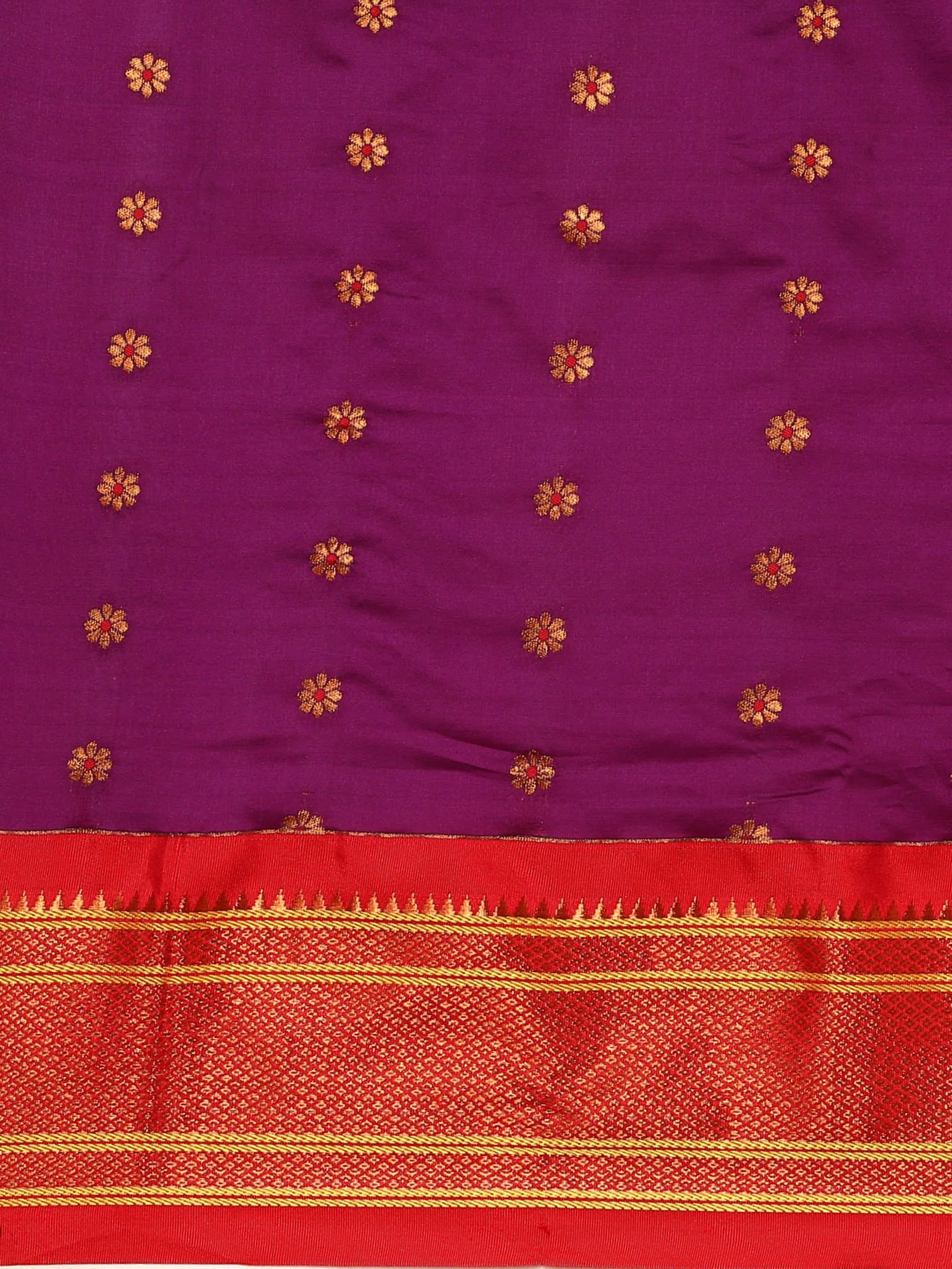 Muniya paithani saree silk blend in purple and red with floral meena butti - body fabric detail showing motif design for wedding wear